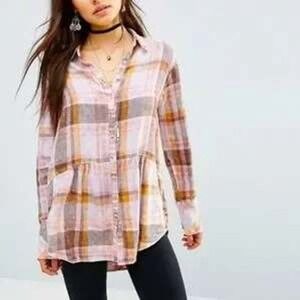 Free People Plaid Tiered Peplum Shirt Medium Pink Brown Yellow Button Down Tunic